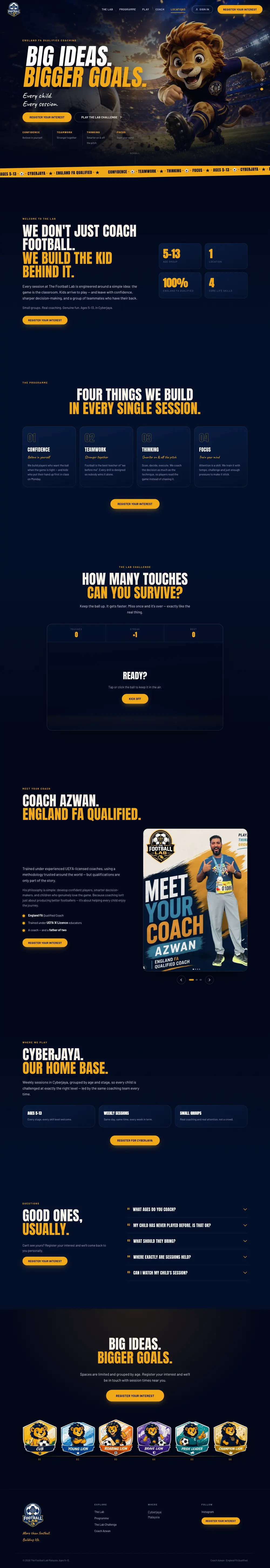 Football Lab Academy homepage, scrolling through the full page