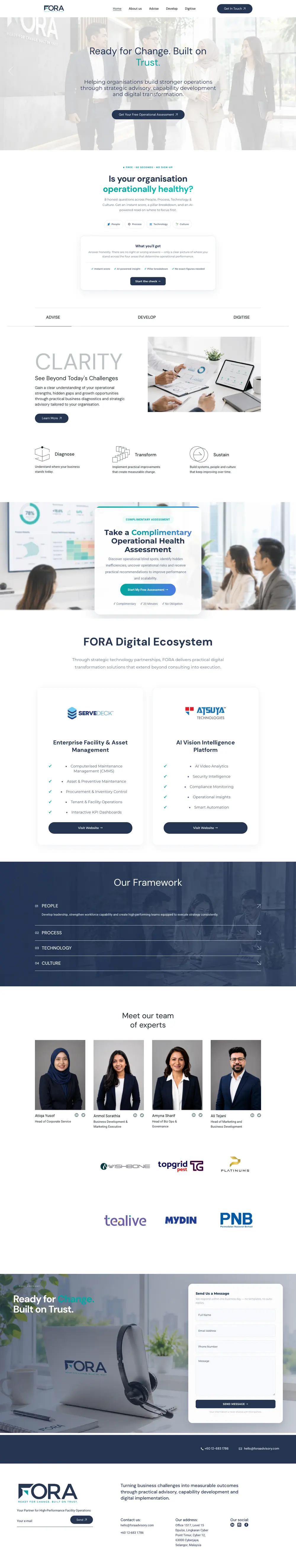 Fora Advisory homepage, scrolling through the full page