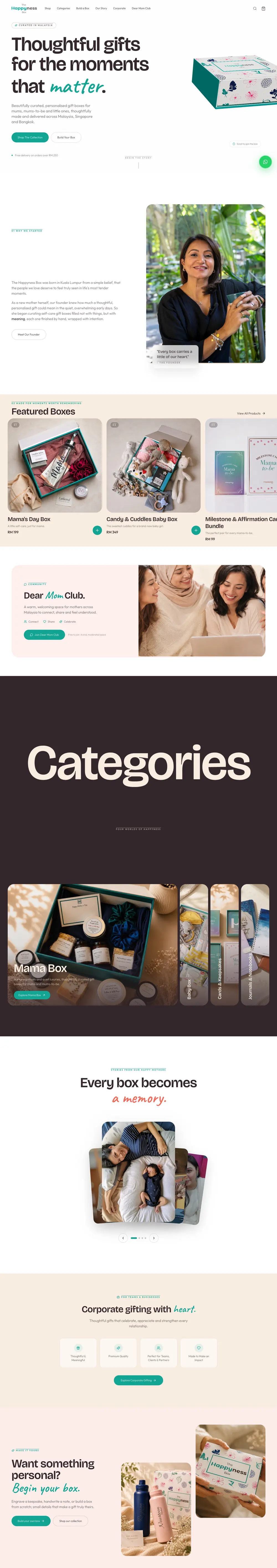 The Happyness Box homepage, scrolling through the full page